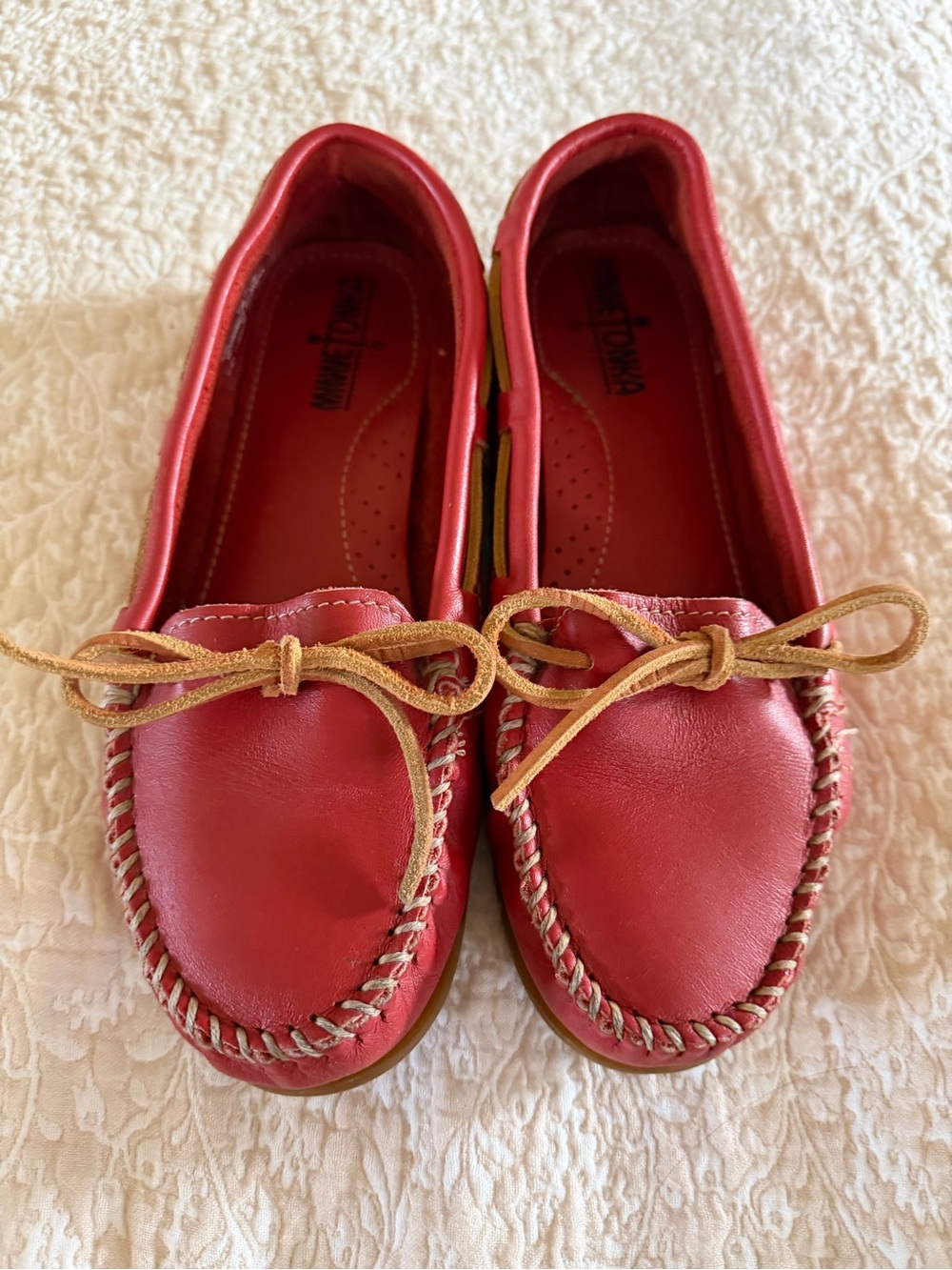 Minnetonka Red Leather Moccasins with Tan Bow